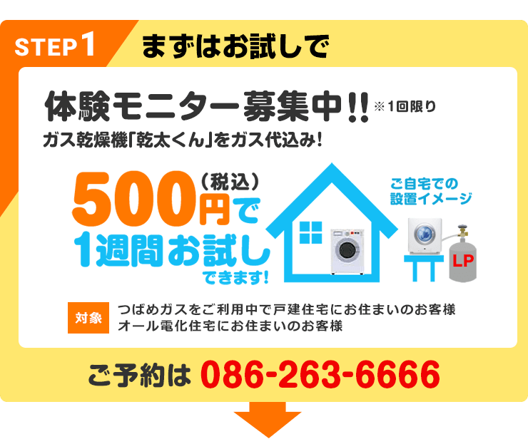 STEP1 まずはお試し!体験モニター募集中「自宅をコインランドリーにしませんか？」500円(税込)で1週間お試しできます！